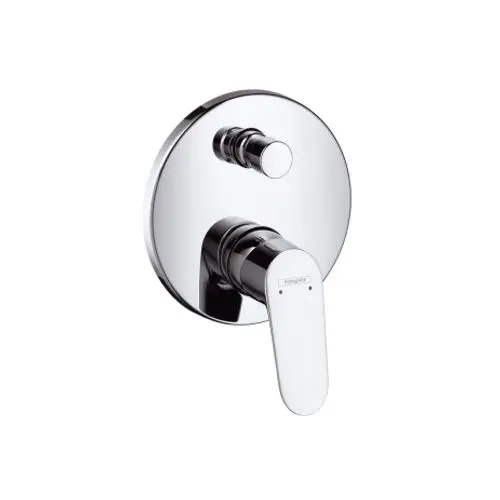 Unterputz-Wannenmischer von Hansgrohe mit einem langen Hebel in Weiß und einer runden, glatten Chrom-Oberfläche. Zwei Steuerkappen für Temperatur und Wasserfluss.